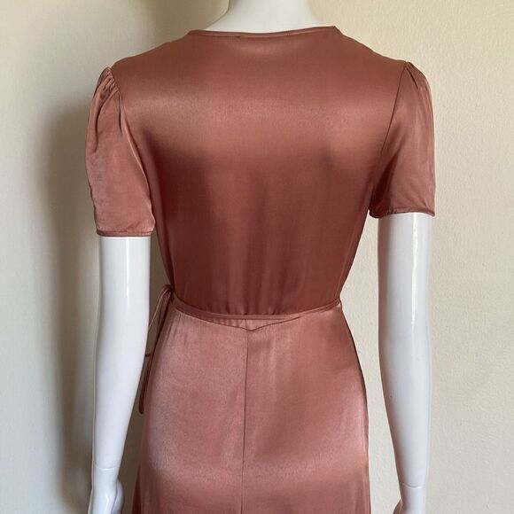 WAYF Rose Gold Gwyneth Wrap Satin Midi Dress Size Small - Picture 8 of 16
